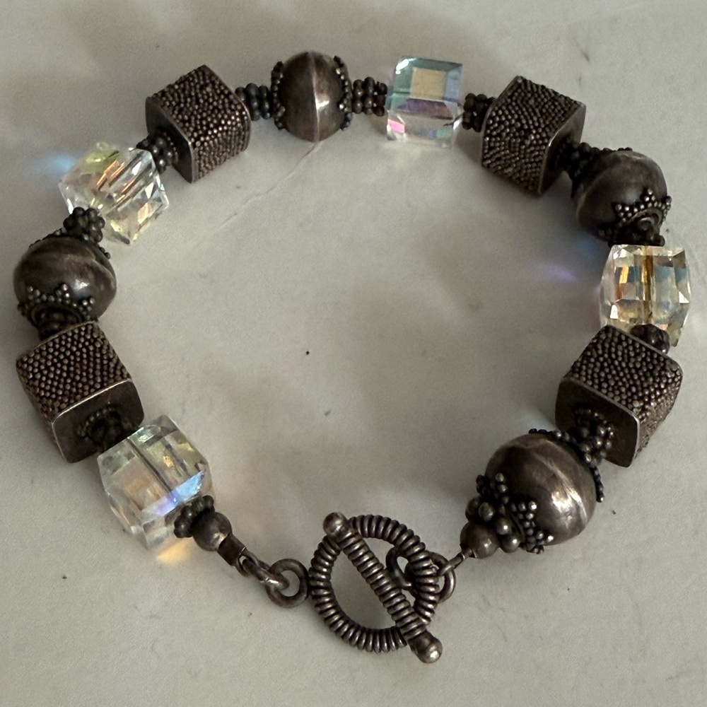 Vintage 925 Square Link Northern Lights Bead Bracelet